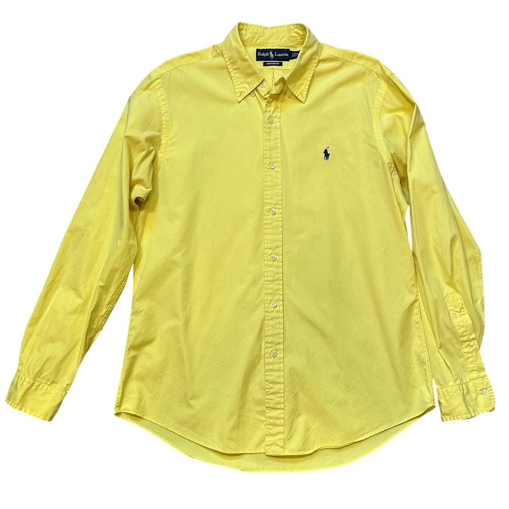 Ralph Lauren Dress‎ Shirt Mens Large Yellow Custom Fit Button Down Blue Pony